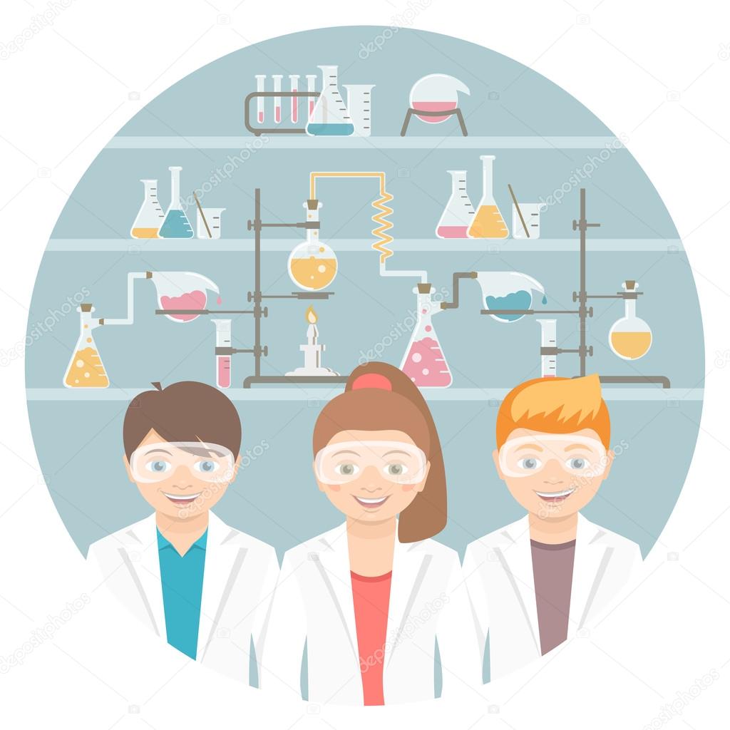 Kids in chemistry class flat education concept 