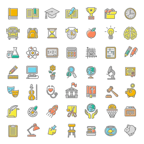 Línea plana Coloridos temas escolares iconos — Vector de stock