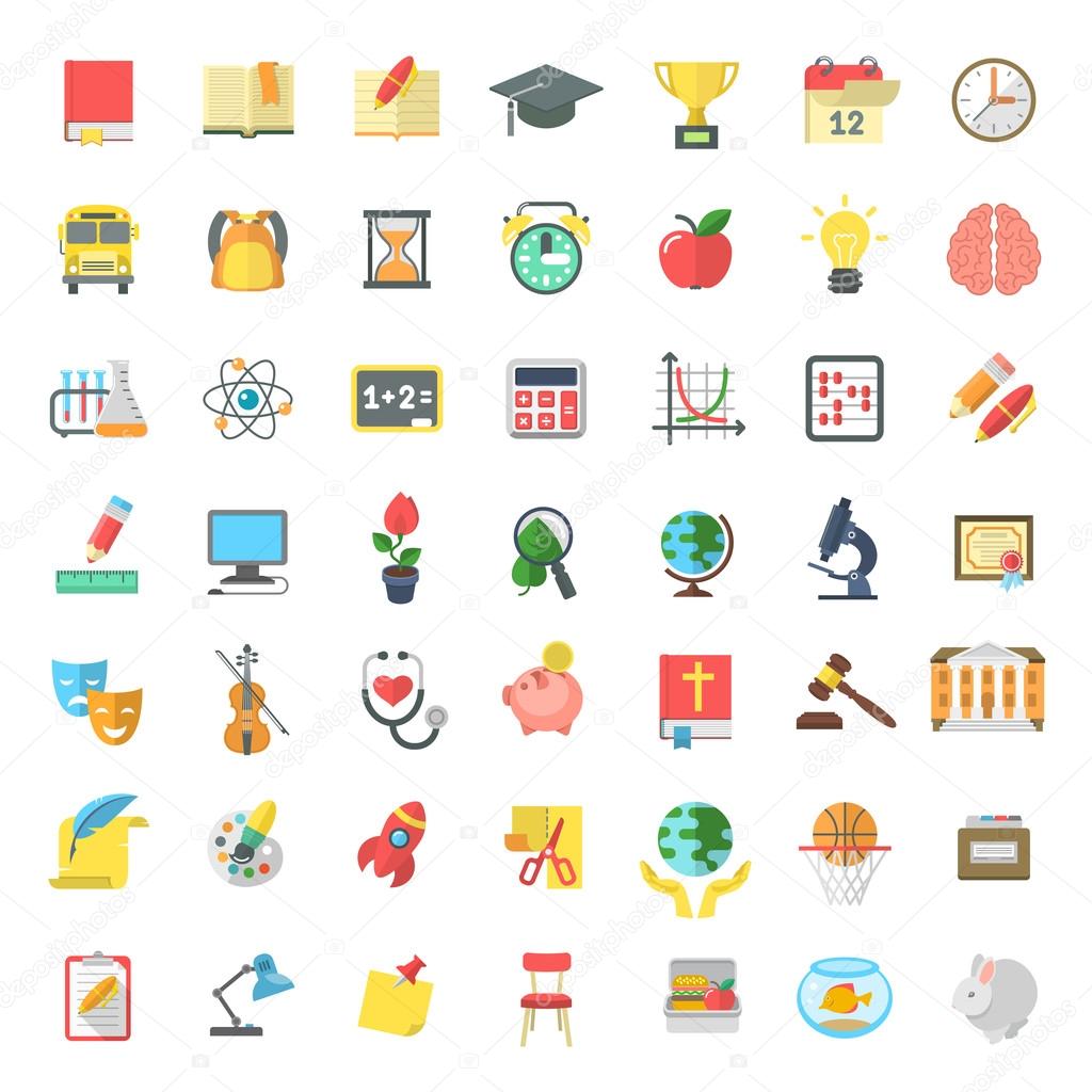 Flat Colorful School Subjects Icons Isolated on white