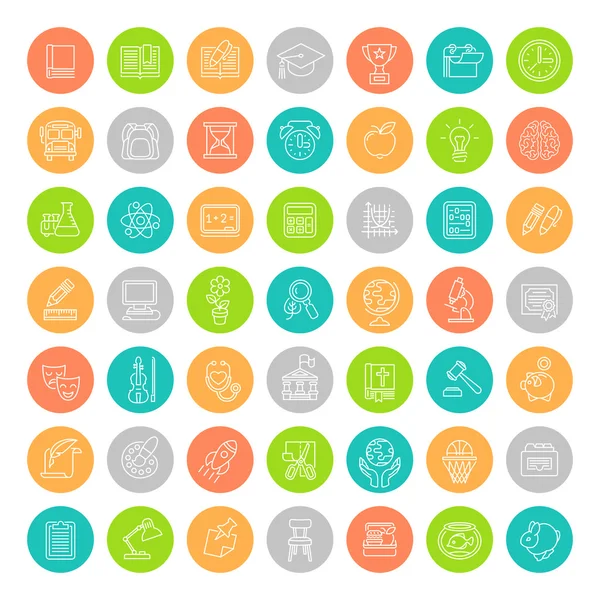 Flat Line Colorful Round School Subjects Education Icons — Stock Vector