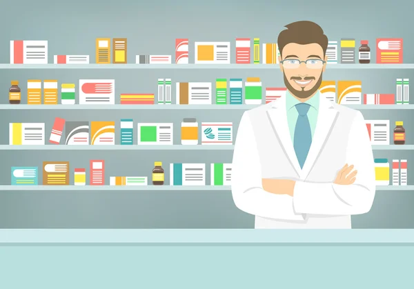 Estilo plano joven farmacéutico en farmacia frente a los estantes de los medicamentos — Archivo Imágenes Vectoriales