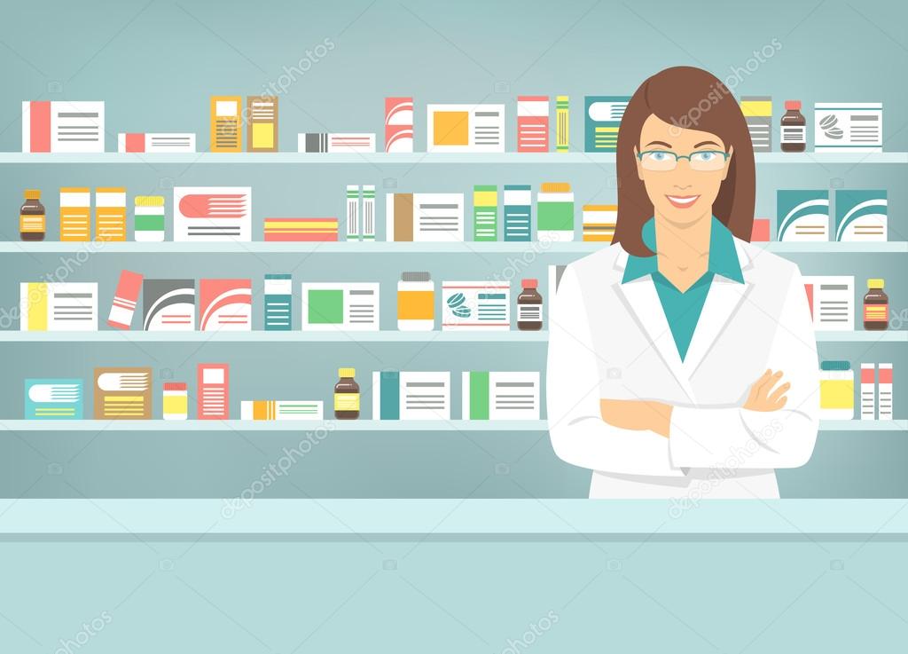 Flat style young pharmacist at pharmacy opposite shelves of medicines