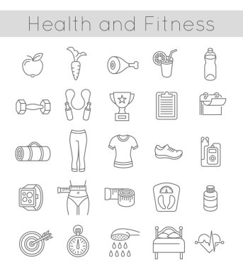 Düz ince çizgi Fitness ve sağlıklı yaşam simgeleri