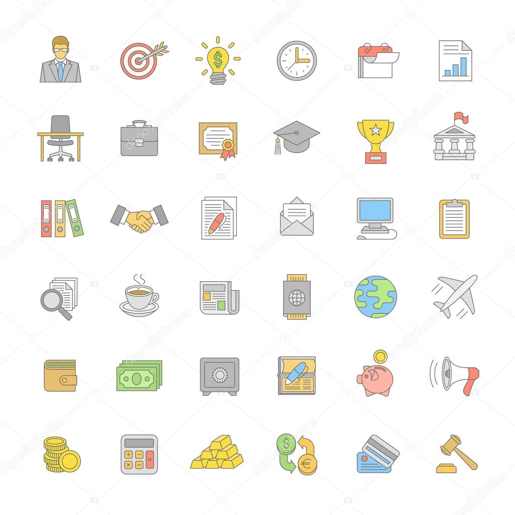 Flat thin line color business and finance icons