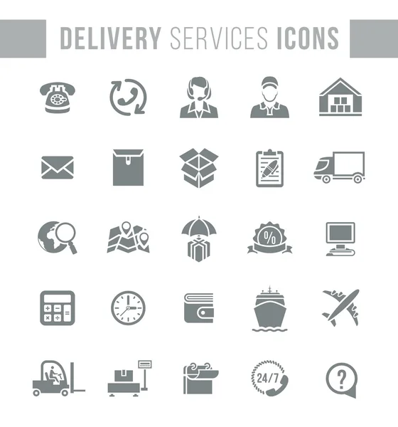 Servicios de entrega y logística silueta plana iconos web — Vector de stock