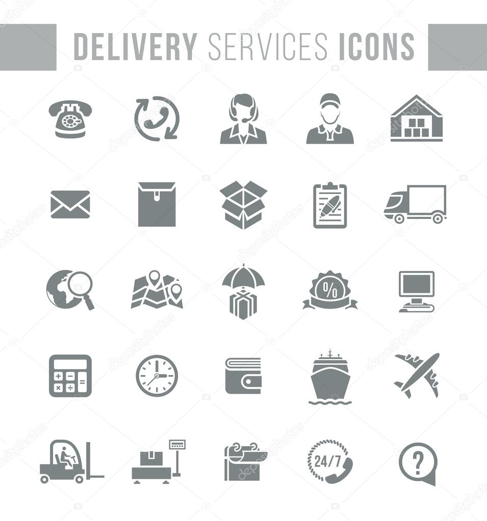 Delivery and logistics services flat silhouette web icons