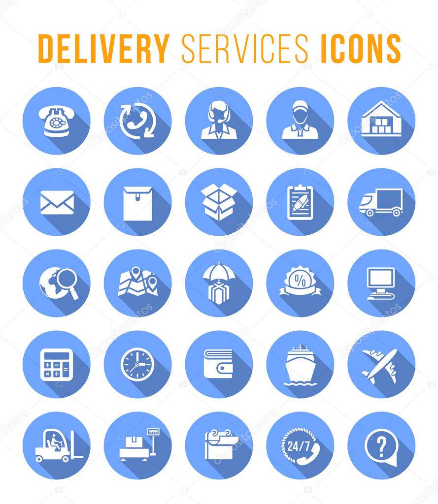 Delivery and logistics services flat round web icons