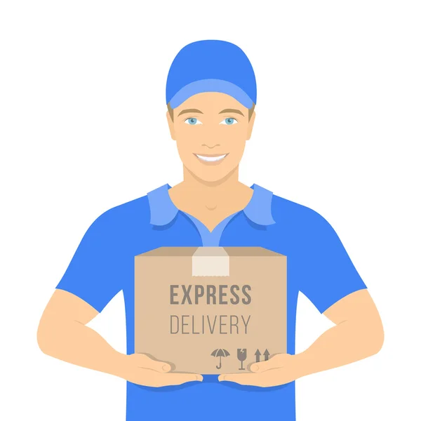 Delivery boy holds a parcel in cardboard box — Stock Vector