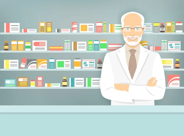 Farmacéutico envejecido de estilo plano en farmacia frente a estantes de medicamentos — Vector de stock