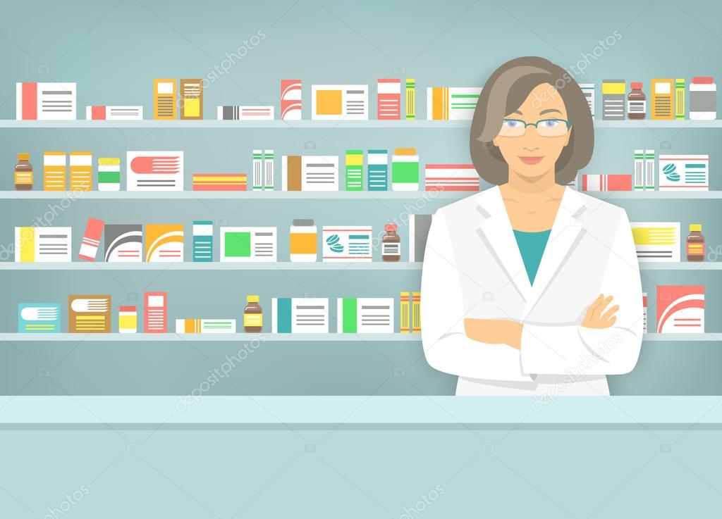 Flat style woman pharmacist at pharmacy opposite shelves of medicines