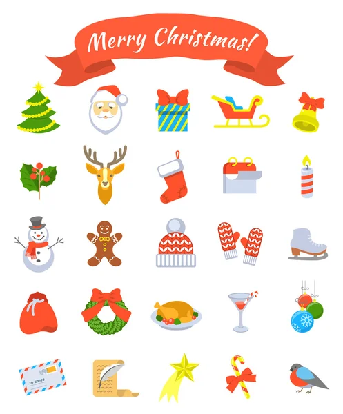 Juegos de iconos de vectores planos de símbolos navideños — Vector de stock