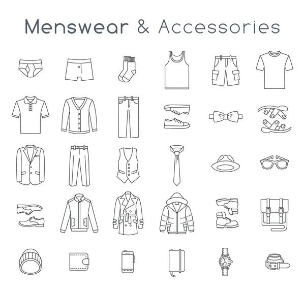 Hombres ropa de moda y accesorios de línea plana vector iconos — Vector de stock
