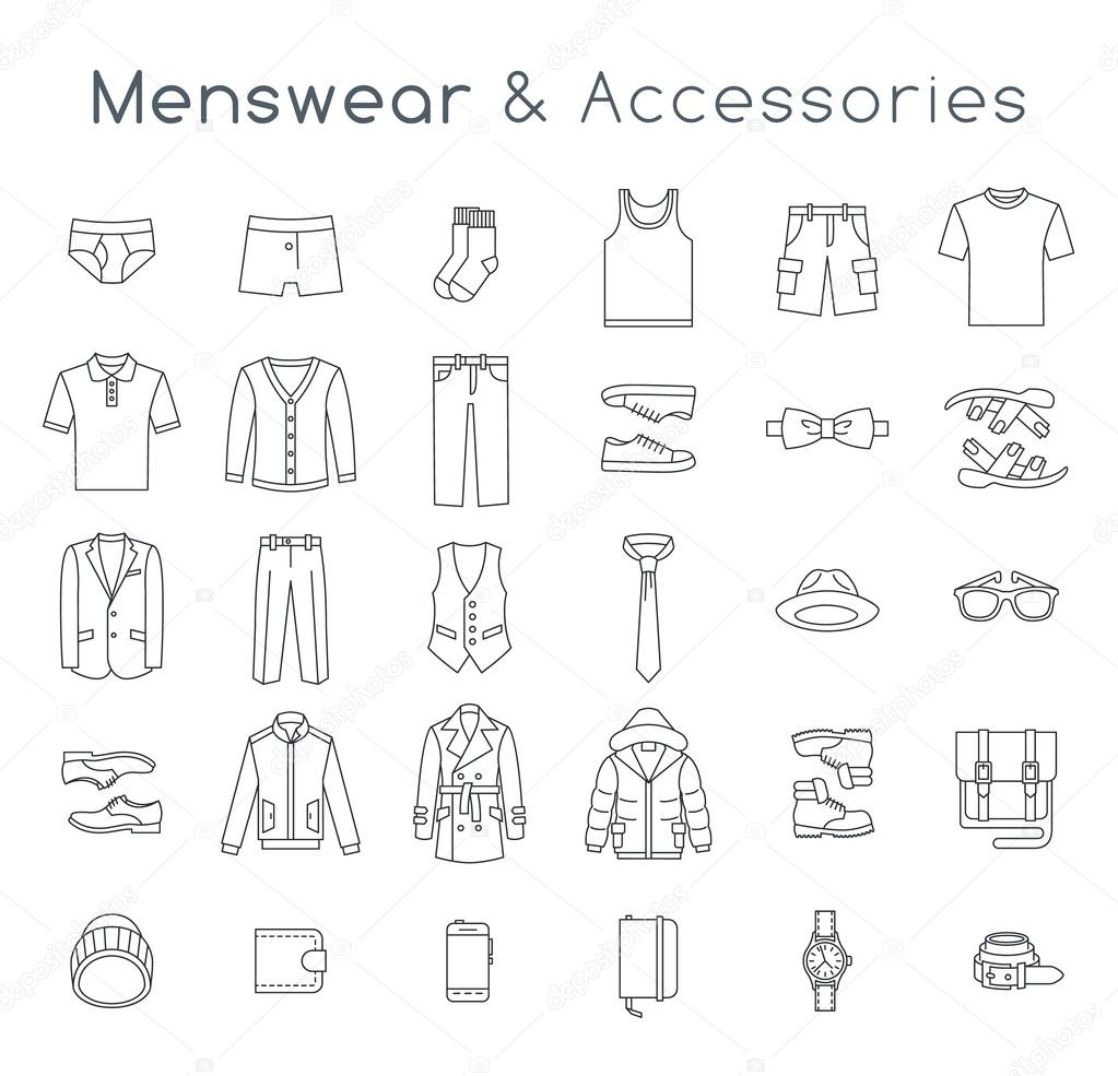 Men fashion clothes and accessories flat line vector icons