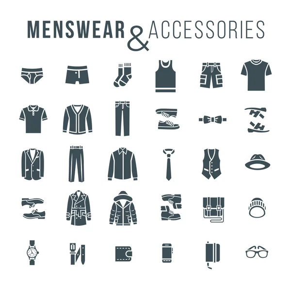 Hombres moda ropa y accesorios planos contorno vector iconos — Vector de stock