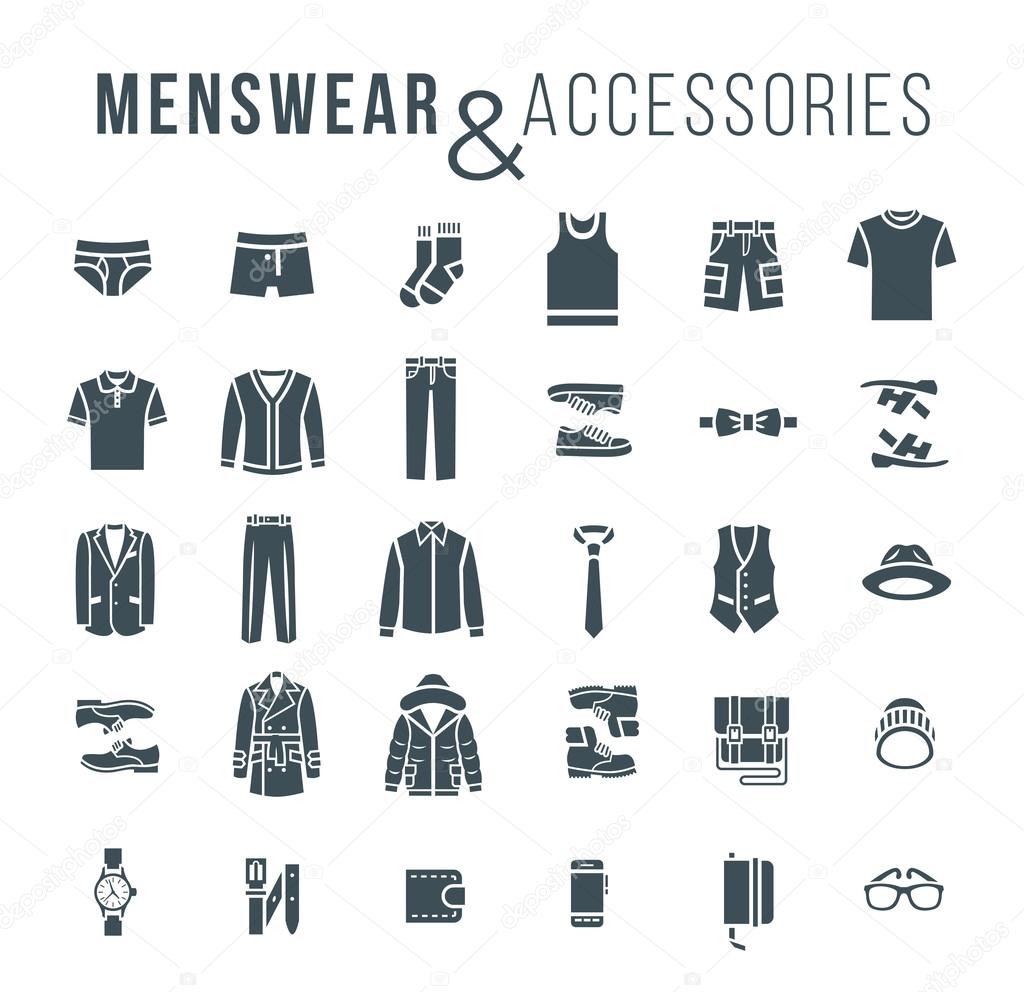 Men fashion clothes and accessories flat outline vector icons