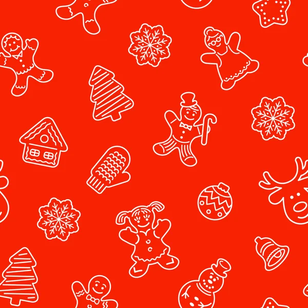 Galletas de Navidad línea plana iconos patrón de fondo sin costuras — Vector de stock