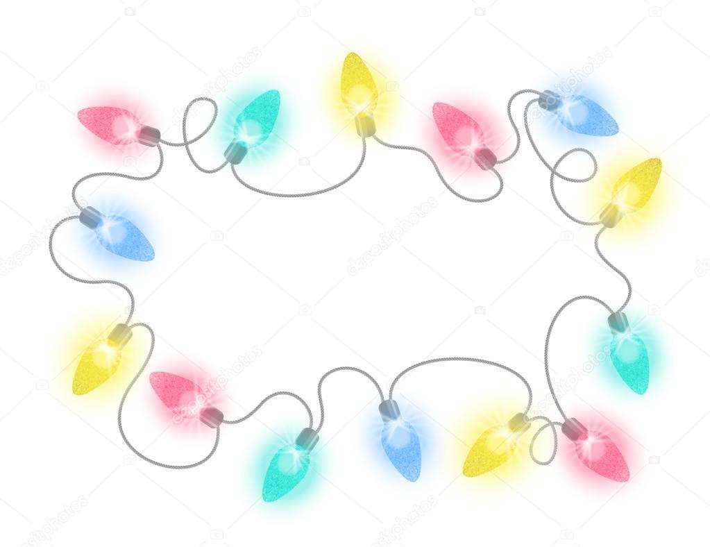 Illustrazione di vettore di Natale luci ghirlanda con glitter colorati lampadine effetto brillante su sfondo bianco Capodanno cornice festivo per la
