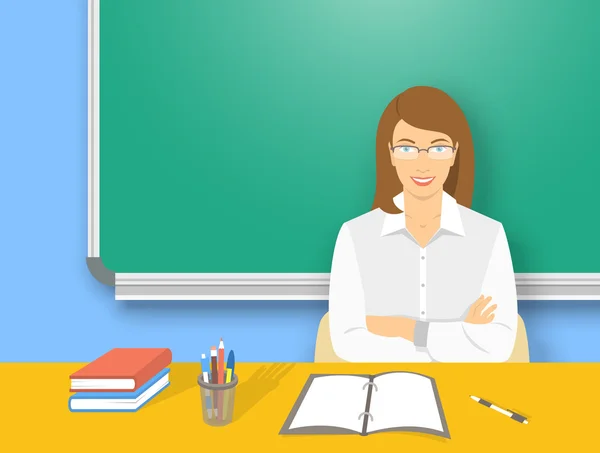 School teacher woman at the desk flat education illustration — Stock Vector