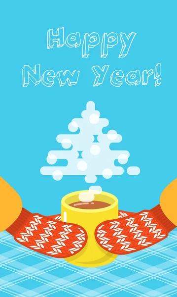 Happy New Year greeting card with a cup and mittens flat illustration — Stock Vector