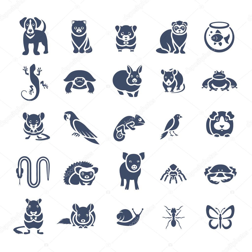 Animals pets vector flat silhouette icons set