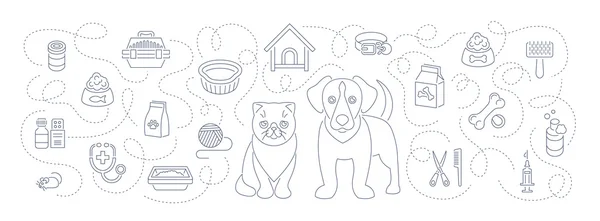 Animal Mascotas Aseo y Salud Línea Plana Cabecera Horizontal Banner — Archivo Imágenes Vectoriales