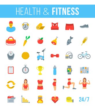 Fitness Spor salonu ve sağlıklı yaşam tarzı düz vektör simgeler