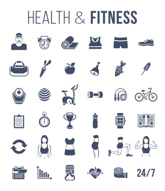 Fitness gym and healthy lifestyle flat silhouettes vector icons