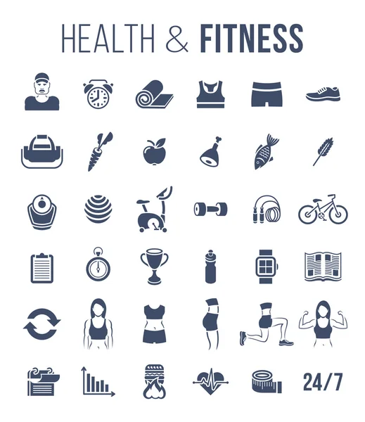 Fitnessruimte en gezonde levensstijl platte silhouetten vector icons — Stockvector