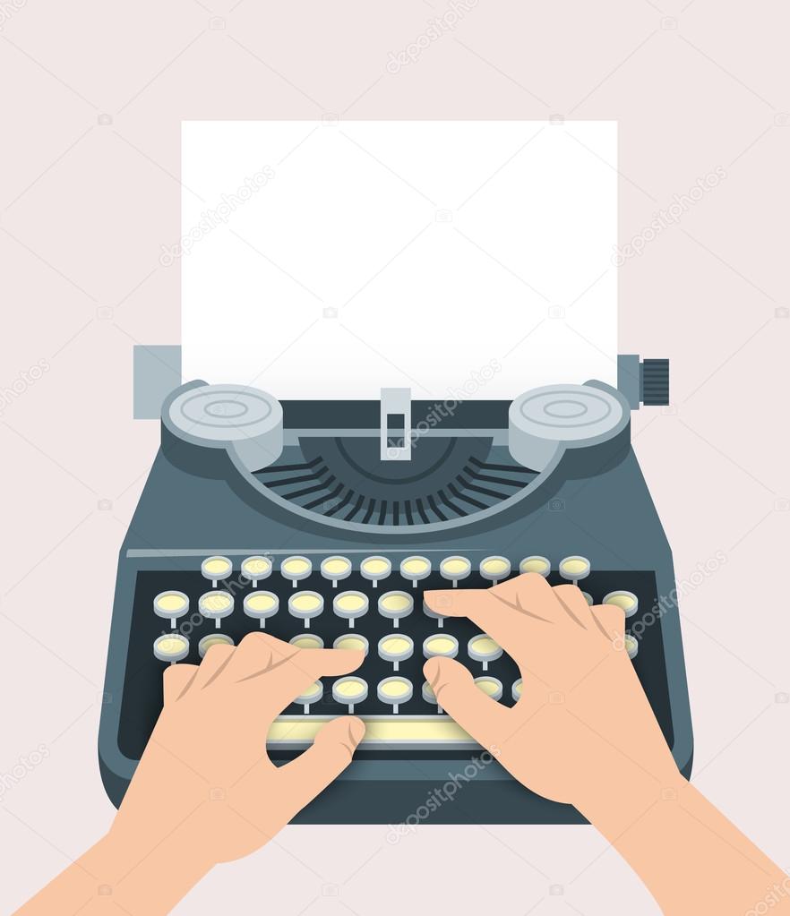 Retro manual typewriter with printing hands and sheet of paper