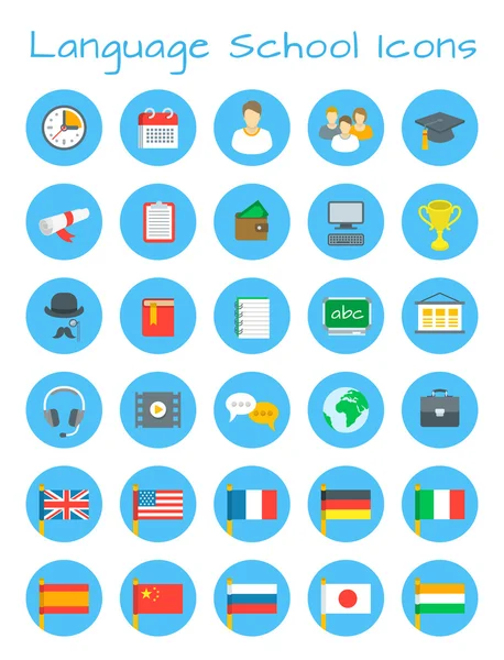 Escuela de idiomas vector plano iconos de la educación — Vector de stock