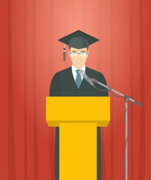 Graduation ceremony speech by a man graduate at the podium — Stock Vector