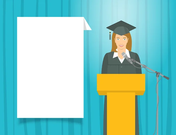 Graduation ceremony speech by a girl graduate at the podium — Stock Vector