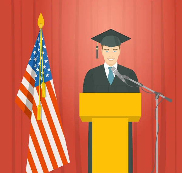 Ballagási ünnepség beszéd egy ember diploma a pódiumra — Stock Vector