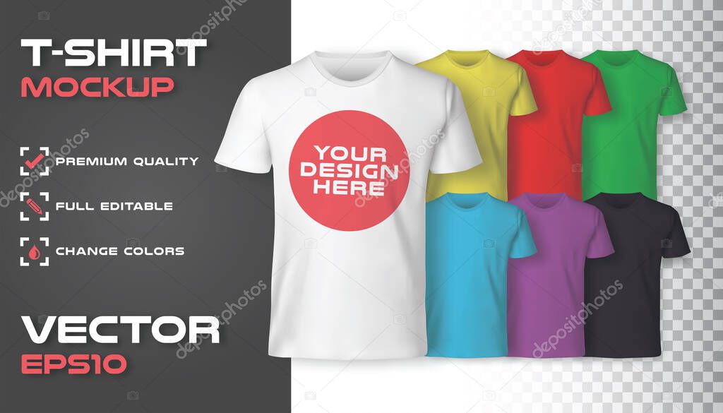 Men t-shirt realistic mockup in different colors in vector format
