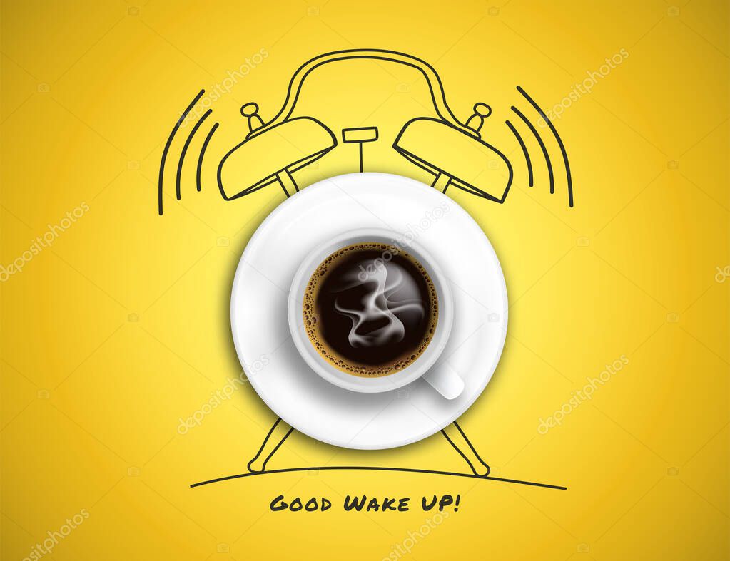 Realistic coffee cup on drawing of alarm clock, concept design, in vector format