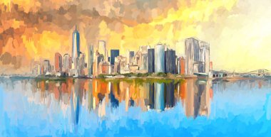Soyut yağlı boya boya New York şehrinin ufuk çizgisinde su üzerinde yansıma etkisi var.