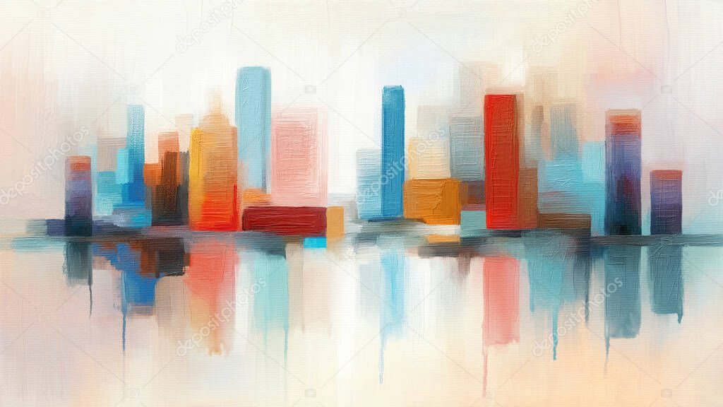 Abstract artistic painting of skyline, original oil picture on canvas