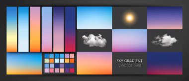 Gökyüzü gradyan arkaplan kümesi vektör biçiminde daha fazla güneş ve bulut