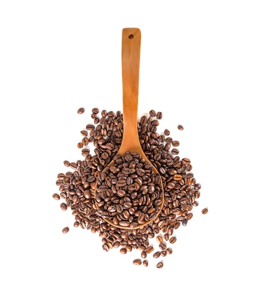 Kaffebönor trä sked isolerade — Stockfoto