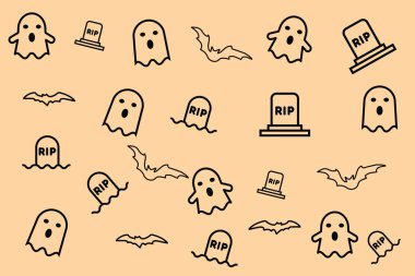 Hayalet, mezar taşı ve yarasalarla Cadılar Bayramı Şablonu dekorasyonu tasarım biçimi. Vektör illüstrasyonu