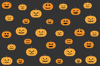 Cadılar Bayramı desenli balkabağı deseni farklı renk ve boyutlarda koyu arkaplanda tasarım elemanı. Vektör illüstrasyonuName