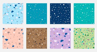 Renkli Venedik terrazzo taklidi, dikişsiz taş parçaları koleksiyonu. Modern minimalist trend zemin fayans soyut arkaplan vektörü çizimi.