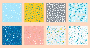 Renkli Venedik terrazzo taklidi, dikişsiz taş parçaları koleksiyonu. Modern minimalist trend zemin fayans soyut arkaplan vektörü çizimi.