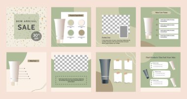 Asgari modern moda ve güzel sosyal medya afiş toplama seti yeşil renkli. Satış dahil, fotoğraf izole ürün görüntüsü, botanik yaprak unsurları ile şablon düzeni tasarımı