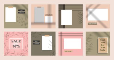 Asgari modern moda ve güzel sosyal medya afiş toplama kiti. Satış dahil, fotoğraf izole edilmiş ürün görüntüsü, botanik yaprak elementleri içeren şablon tasarımı. Vektör illüstrasyonu