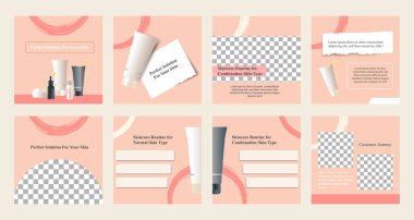 Asgari modern moda ve güzel sosyal medya pankart toplama kiti pembe renkli. Satış dahil, fotoğraf izole ürün görüntüsü, botanik yaprak unsurları ile şablon düzeni tasarımı