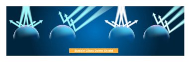 Koyu mavi arka planda parlayan ok saldırı elementleri ile kubbe kalkanının modern teknoloji ürünü. Vektör illüstrasyonu