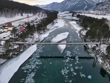 Dağ nehri üzerindeki asma köprü Katun (Gorny Altai)