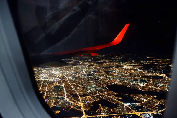 Vue Moscou Nuit Depuis Fenêtre Avion Pendant Vol Une Aile — Photo