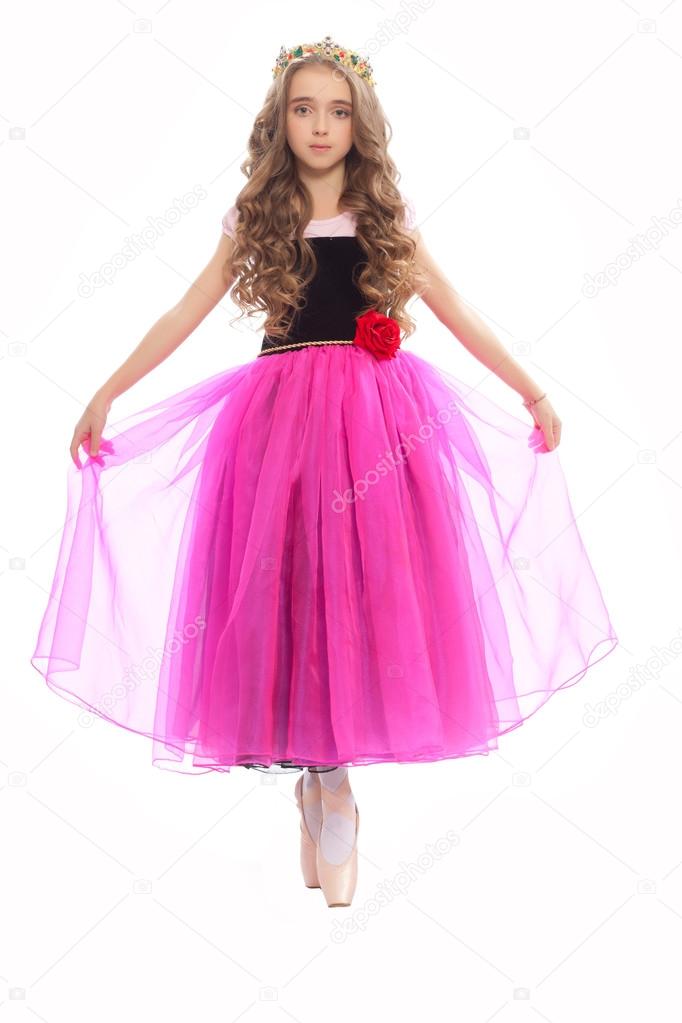 young beautiful girl in pink dress  Pointe isolated on white background  fairy tale Princess